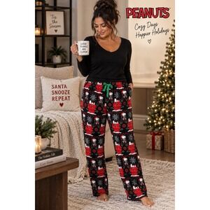 Peanuts Snoopy Christmas Pajama Pants Womens XL Black Red Plush Fleece Holiday